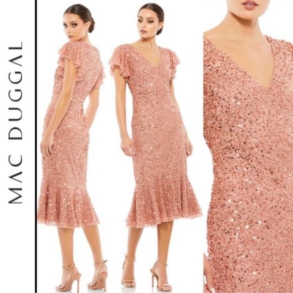 New Mac Duggal Sz 14 Pink Rose Gold Flutter Sleeve V-Neck Sequin Midi Dress - Picture 2 of 8